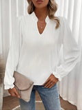 gbolsos  Notch Neck Textured Blouse, Casual Ruffle Trim Lantern Sleeve Blouse For Spring & Fall, Women's Clothing