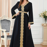 Lace Trim Kaftan Dress, Elegant V Neck Long Sleeve Maxi Dress, Women's Clothing