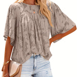 gbolsos  Casual Lace Flare Sleeve Blouse, Short Sleeve Crew Neck Solid Blouse, Casual Every Day Tops, Women's Clothing