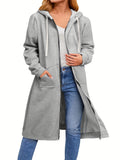 gbolsos  Plus Size Casual Sweatshirt, Women's Plus Solid Zipper Front Drawstring Long Sleeve Slight Stretch Hoodie Coat With Pockets