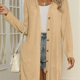 gbolsos  Plus Size Casual Cardigan, Women's Plus Solid Button Up Long Sleeve Slight Stretch Long Cardigan