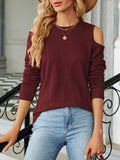 Solid Cold Shoulder T-Shirt, Casual Crew Neck Long Sleeve Top For Spring & Fall, Women's Clothing