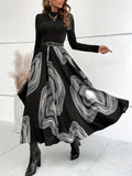 Abstract Print Long Sleeve Dress, Elegant Round Neck A-line Dress For Spring & Fall, Women's Clothing