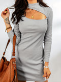 Cut Out Bodycon Mini Dress, Casual Mock Neck Long Sleeve Dress, Women's Clothing