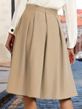 Plus Size Casual Skirt, Women's Plus Solid High Rise Zipper Back All-match Pleated Skirt With Pockets