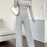 Ribbed Off Shoulder Jumpsuit, Casual Long Sleeve Jumpsuit For Spring & Fall, Women's Clothing