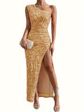 Sequined One Shoulder Split Dress, Elegant Bodycon Dress For Party & Banquet, Women's Clothing