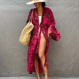 gbolsos  Plus Size Boho Kimono, Women's Plus Tie Dye Striped Long Sleeve Open Front Kimono Cover Up With Belt