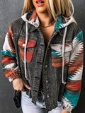 Multicolor Aztec Print Frayed Hem Denim Jacket, Street Pockets Loose Outerwear, Women's Clothing