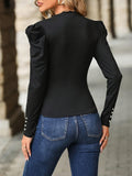 Solid Ruched Mock Neck T-Shirt, Casual Long Puff Sleeve Top For Spring & Fall, Women's Clothing