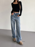 gbolsos  Loose Fit Washed Straight Jeans, Slant Pockets Non-Stretch Casual Denim Pants, Women's Denim Jeans & Clothing