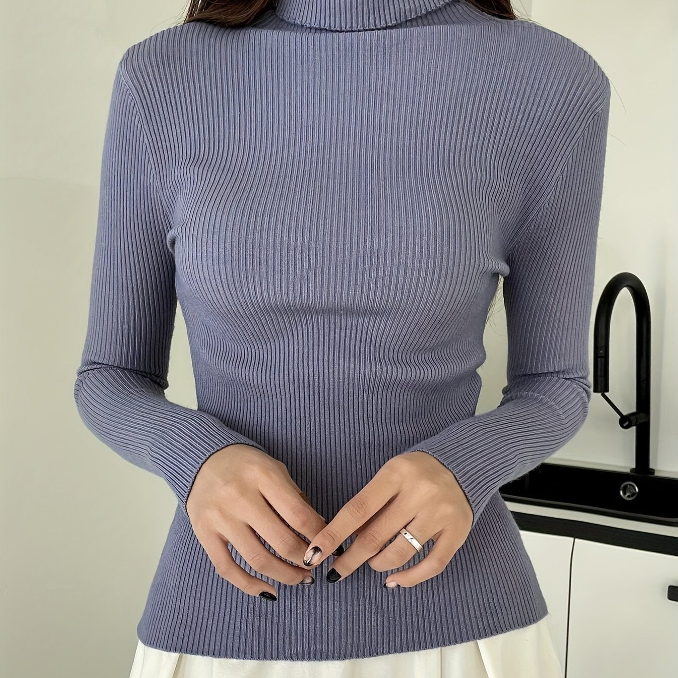 gbolsos  Women's Sweater Turtleneck Solid Ribbed Long Sleeve Slim Pullover Knit Tops