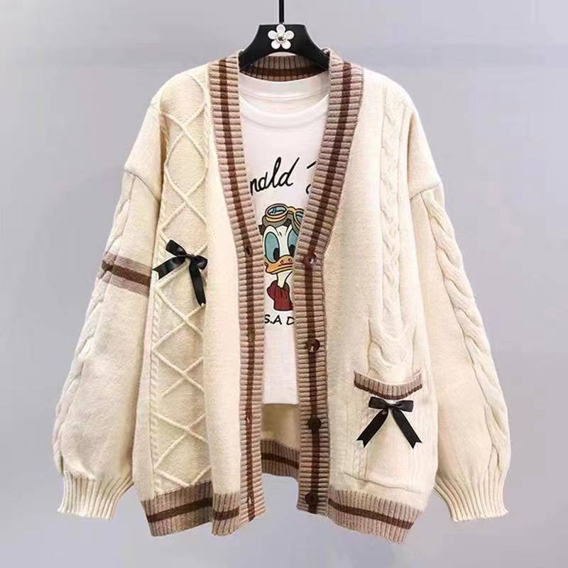 Gbolsos autumn/winter new Korean cardigan sweater women vintage loose lazy embroidery sweater single-breasted v-neck knitted jacket