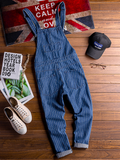 Gbolsos Men's stripe printed blue denim bib overalls Suspenders jumpsuits Coveralls Youth jeans