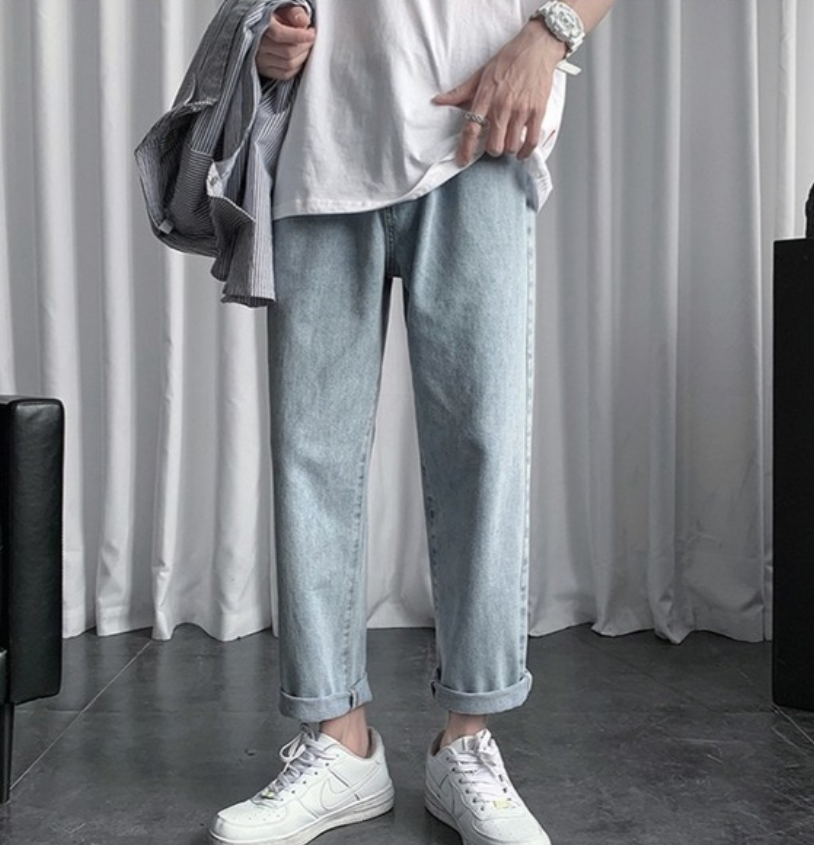 gbolsos  Men Blue Jeans Ankle-length Denim Solid Large Size 3XL Spring Chic Leisure All-match Korean Style Mens Trousers Teens Bf Ulzzang