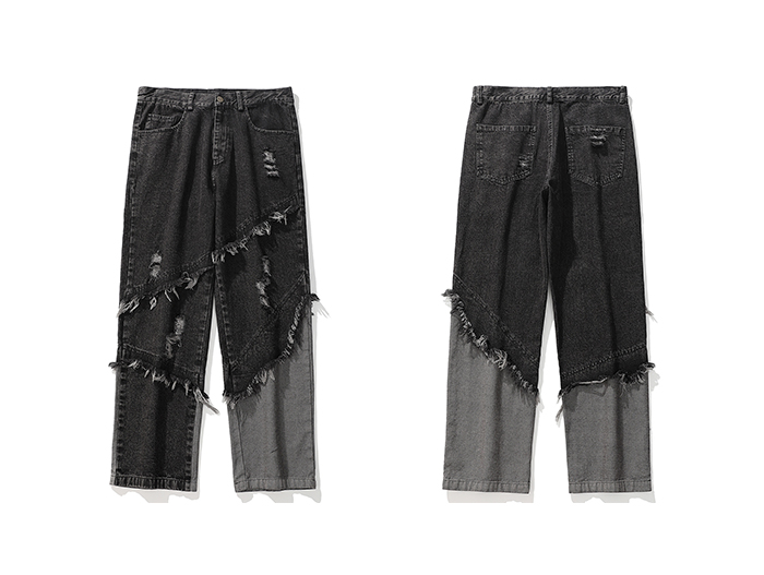 Gbolsos Mens Wide Leg Jeans Cargo Punk Gothic Harajuku Pants Men Tassel Baggy Plus Size Patchwork Jeans Black Casual Denim Pants