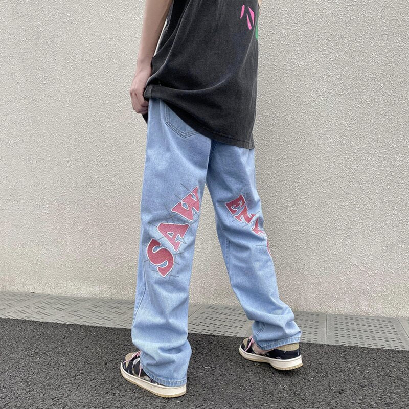 Gbolsos American high street letter printed jeans men&#39;s summer thin hiphop fried street vibe straight tube loose pants streetwear hiphop