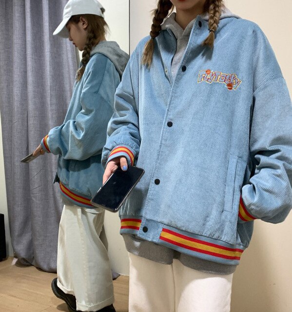 Gbolsos Corduroy Embroidered Baseball suit men&#39;s fashion ins American single breasted couple loose jacket Vintage spring coat streetwear