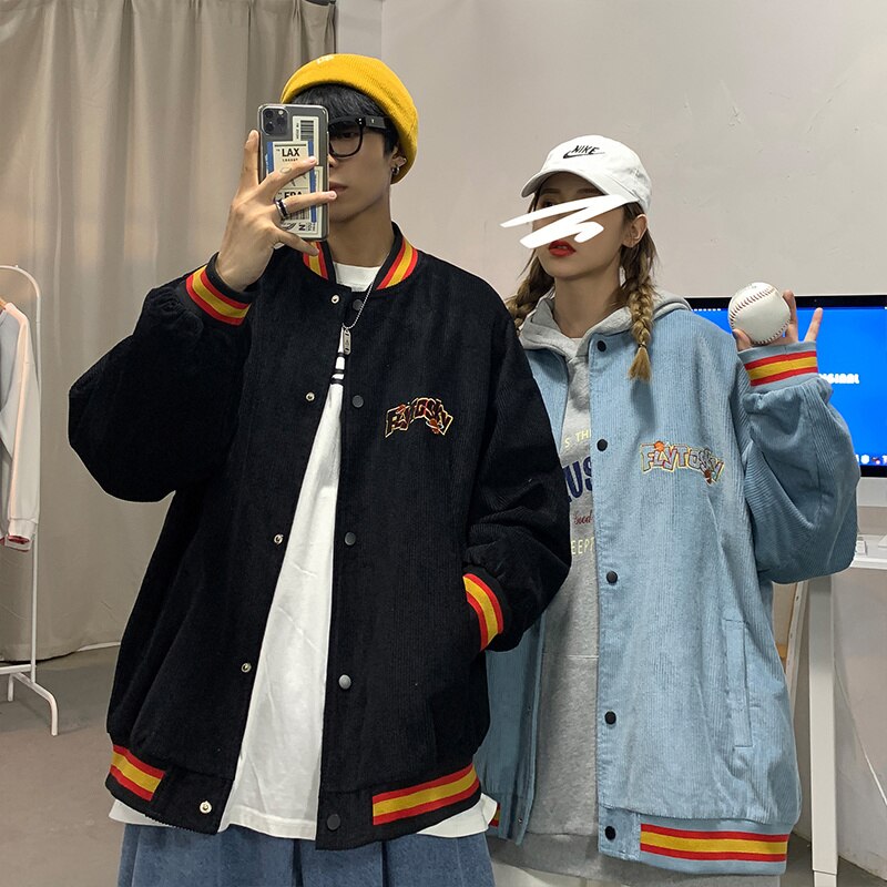 Gbolsos Corduroy Embroidered Baseball suit men&#39;s fashion ins American single breasted couple loose jacket Vintage spring coat streetwear