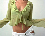 Gbolsos Y2K Sexy Transparent Green Tops Cropped Hot Summer Long Sleeve Knit Beach Top Tees Slim Clothes Casual Club Streetwear