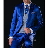 Gbolsos Royal Blue Satin Men Suits for Wedding with Gray Waistcoat Slim Fit Groom Tuxedos Male Fashion 3 Pieces (Jacket+vest+Pants)