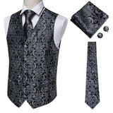 Gbolsos Hi-Tie Burgundy Paisley Floral Silk Men's Slim Waistcoat Necktie Set For Suit Dress Wedding 4PCS Vest Necktie Hanky Cufflink Set