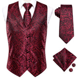 Gbolsos Hi-Tie Burgundy Paisley Floral Silk Men's Slim Waistcoat Necktie Set For Suit Dress Wedding 4PCS Vest Necktie Hanky Cufflink Set