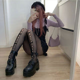 Gbolsos Lolita Goth Lace Stockings Women Harajuku Tights Elastic High Waist Pantyhose Hollow Sexy Leggings with Bowknot 90s