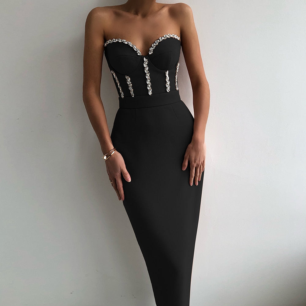 Gbolsos Sexy Strapless Women Dress Bandage Bodycon New Elegant Beading Party Evening Club Midi Dresses Summer Autumn Clothes