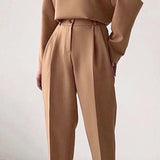 Casual Pants Suit Women   Fashion Long-sleeved Round Neck T-shirt Top Autumn Elegant Solid Color Pleated Slim Trousers Office