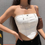 Gbolsos White Strapless Cropped Tube Top Women Sexy Backless Boob Tube Crop Tops Zipper Black Thread Camisole Summer