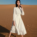 Vintage Women's Dresses Hollow Flower Embroidery V-Neck Puff Sleeve Midi Dress Bow Lace-Up Bohemian Prom Dress White