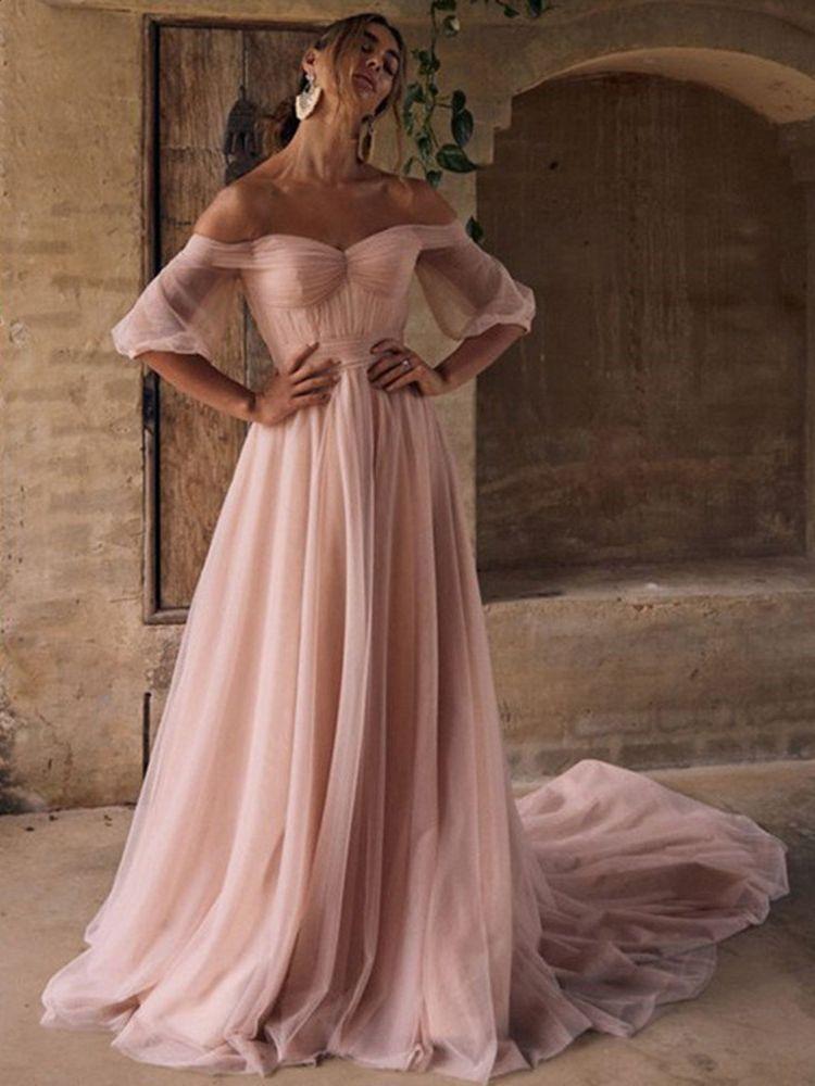 Elegant A-Line Rose Pink Prom Dresses   Puff Sleeve Off The Shoulder Backless Soft Tulle For Women Party Gown Sweep Recommend