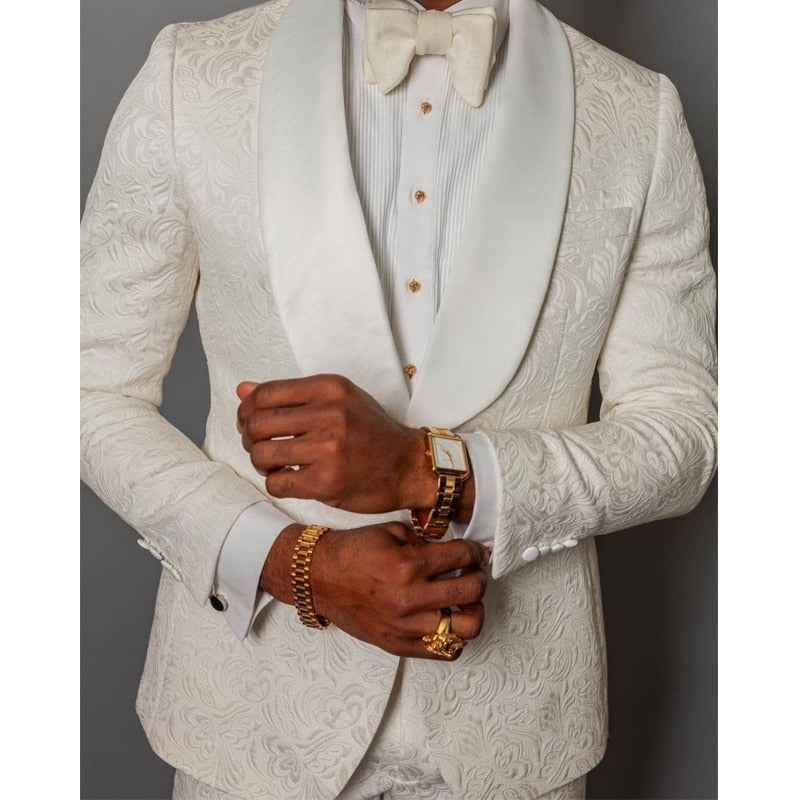 Gbolsos Ivory Floral Jacquard Wedding Tuxedo for Groomsmen 2 piece Slim fit Men Suits with Shawl Lapel African Male Fashion Costume