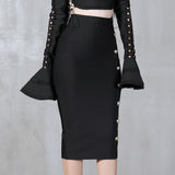 Summer Elegant Midi Pencil Skirt High Waist Bandgae Skirt Black Elastic Bandage Skirts Button Women Clothes