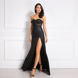 Gbolsos Off Shoulder Sparkle Glitters Floor Length Split Party Maxi Dress Full Lining Padded Backless Long Black Dress