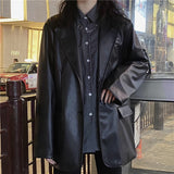 Gbolsos Korean Black Leather Moto Jacket Vintage Warm Female Loose Leather Suit Blazers Streetwear Fashion Women's Winter Coat New
