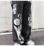 Gbolsos Hip Hop Jeans Pant Men Patchwork Rock Band Print Wide Leg Streetwear Loose Straight Denim Patch Harajuku Trousers Couple skeleto