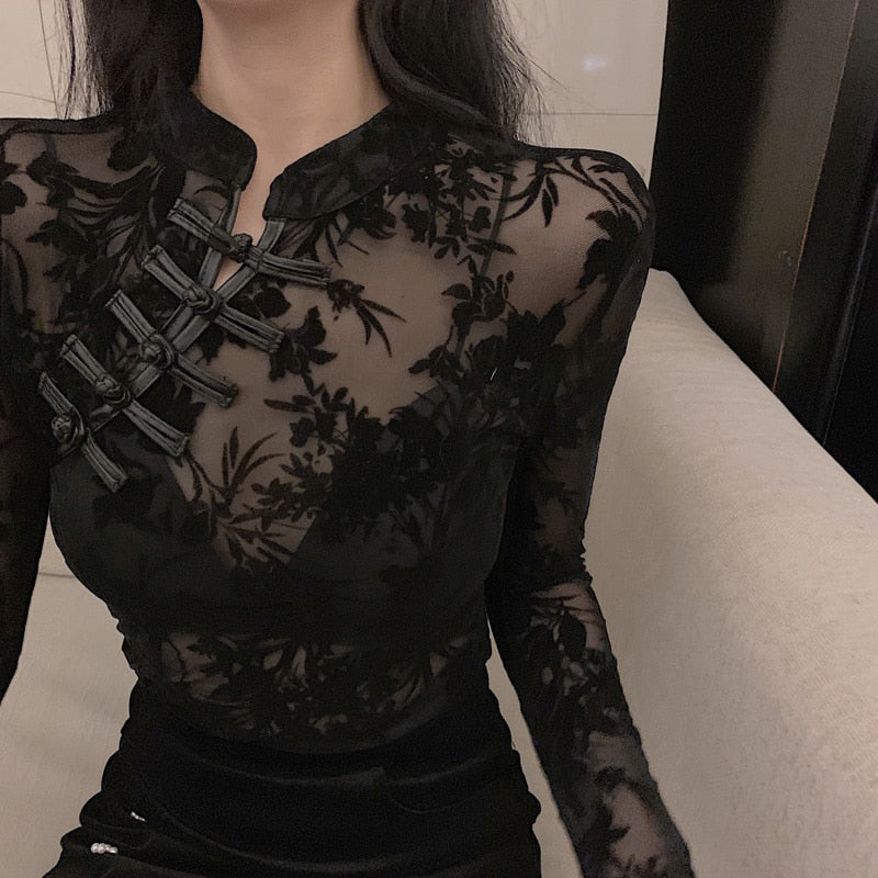Gbolsos Girls Transparent Lace Blouses Shirts Tees Female Chinese Style Turtleneck Vintage Full Sleeve Black Blouses Tops For Women