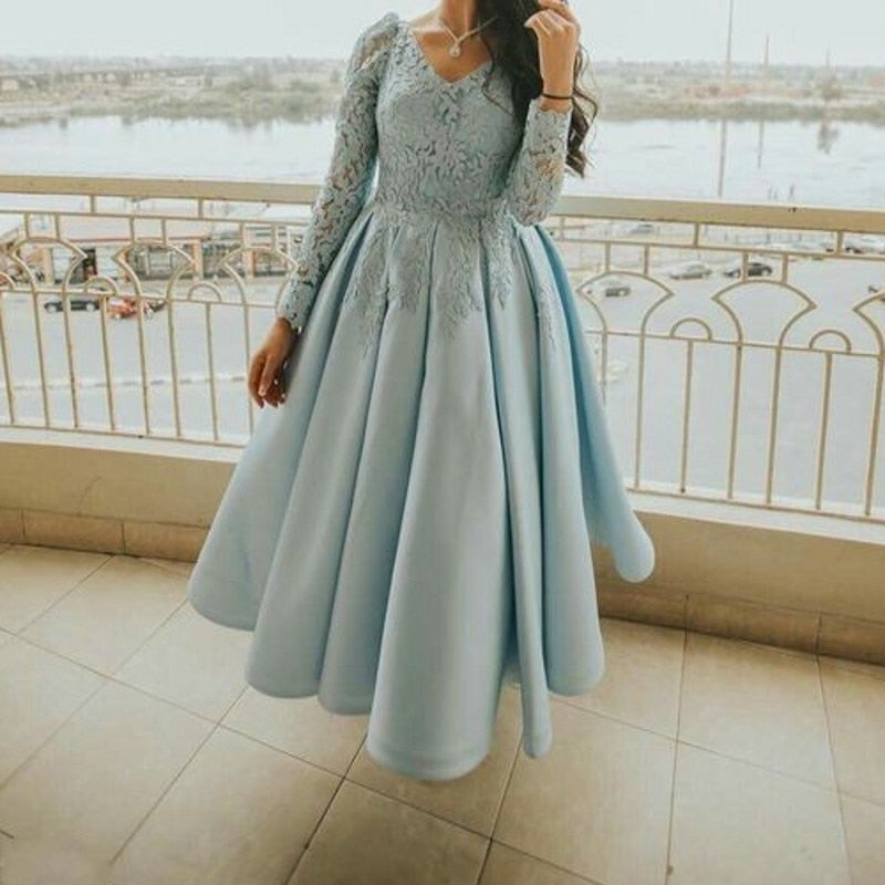 Sexy Gala Dress Plus Size African Long Sleeve Short Evening Dresses   Light Blue Laces Simple Prom Dress vestidos formales