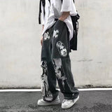 Gbolsos Hip Hop Jeans Pant Men Patchwork Rock Band Print Wide Leg Streetwear Loose Straight Denim Patch Harajuku Trousers Couple skeleto