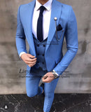 Gbolsos Fashion Men Suits Blue Groom Tuxedo Slim Fit Groomsmen Wedding Blazer Blue Prom Banquet 3 Piece Terno Masculino Jacket+Pant+Vest
