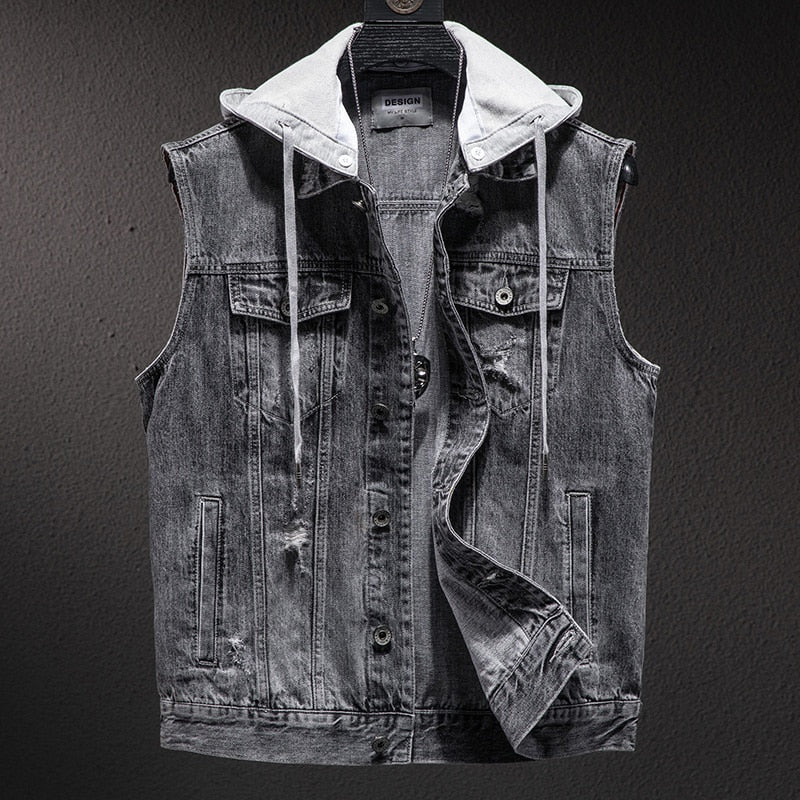 Gbolsos Plus size Short Denim Vest men Detachable Hooded Coat Spring summer Side pockets Sleeveless Jeans Jacket Men's Tops-4XL