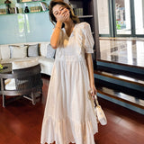 Vintage Women's Dresses Hollow Flower Embroidery V-Neck Puff Sleeve Midi Dress Bow Lace-Up Bohemian Prom Dress White