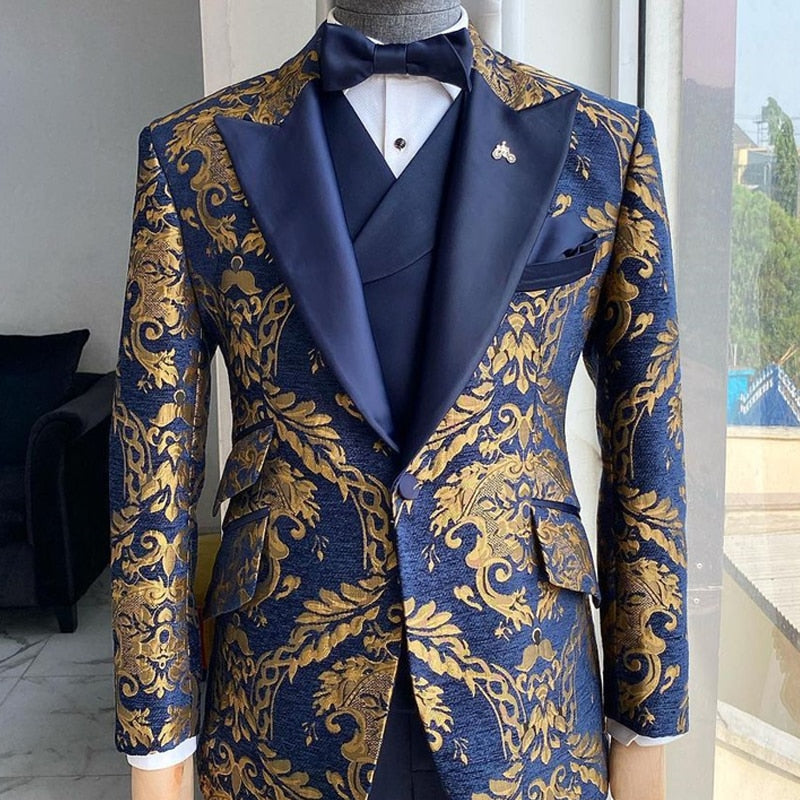 Gbolsos Floral Jacquard Tuxedo Suits for Men Wedding Slim Fit Navy Blue and Gold Gentleman Jacket with Vest Pant 3 Piece Male Costume