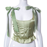 Gbolsos Sexy Women Tube Tops Cropped Sexy Tank Cute Solid Color Bow Tie Strap Sleeveless Criss Cross Lace-Up Corset Vest