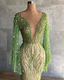 Gbolsos Bling Bling Green Beaded Sequined Mermaid Evening Dresses With Flare Sleeves Luxury Long Evening Gowns Dubai Formal Dress