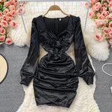 Gbolsos Autumn New Celebrity Sexy Square Neck Satin Dresses Long Sleeve Women White Hip Wrap Slim Pleated Mini Short Dress