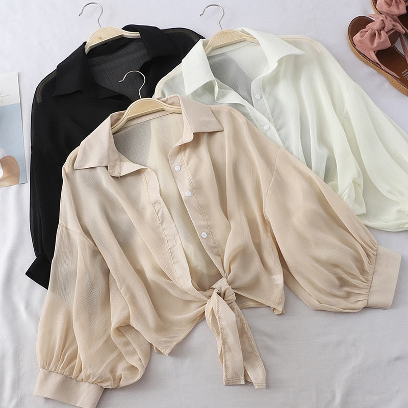 Gbolsos Chiffon Shirts Women Summer Half Sleeve Buttoned Up Shirt Loose Casual Blouse Tied Waist Elegant Blouses For Women