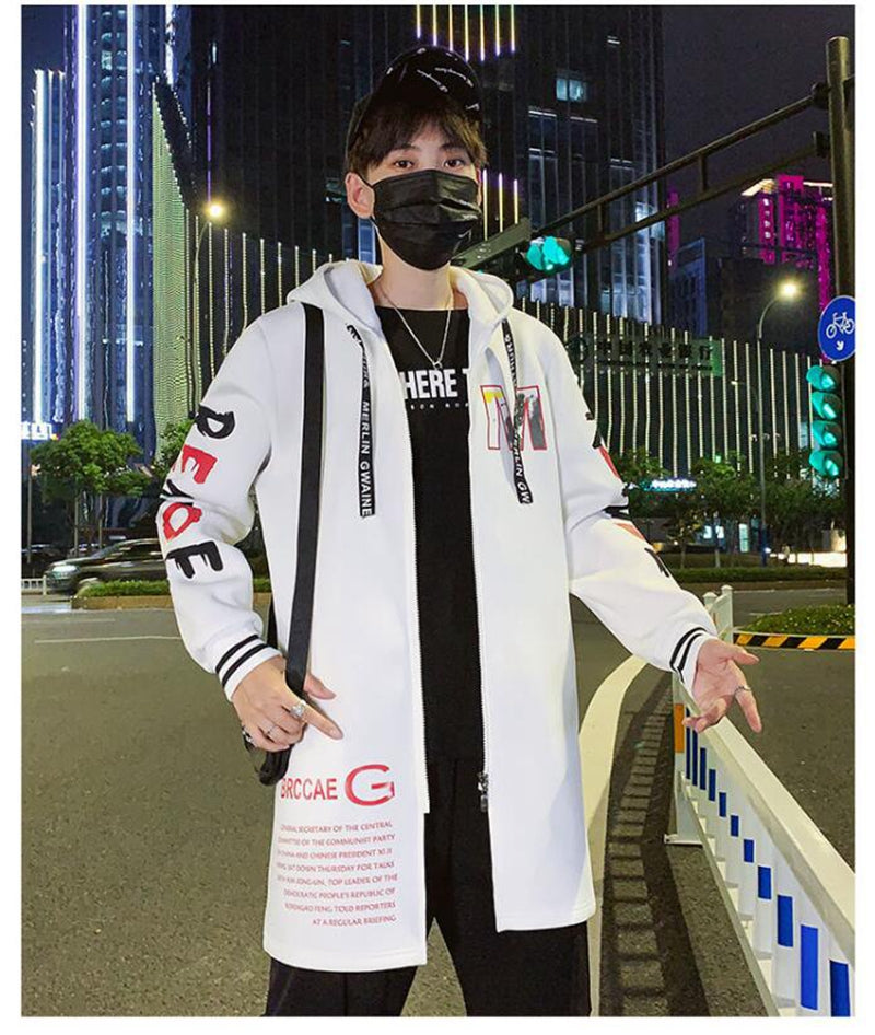 GbolsosWinter Slim Long Trench Coat Men Letter Print Style Hooded Overcoat Black Hip Hop Streetwear Autumn Korean Mens Jacket